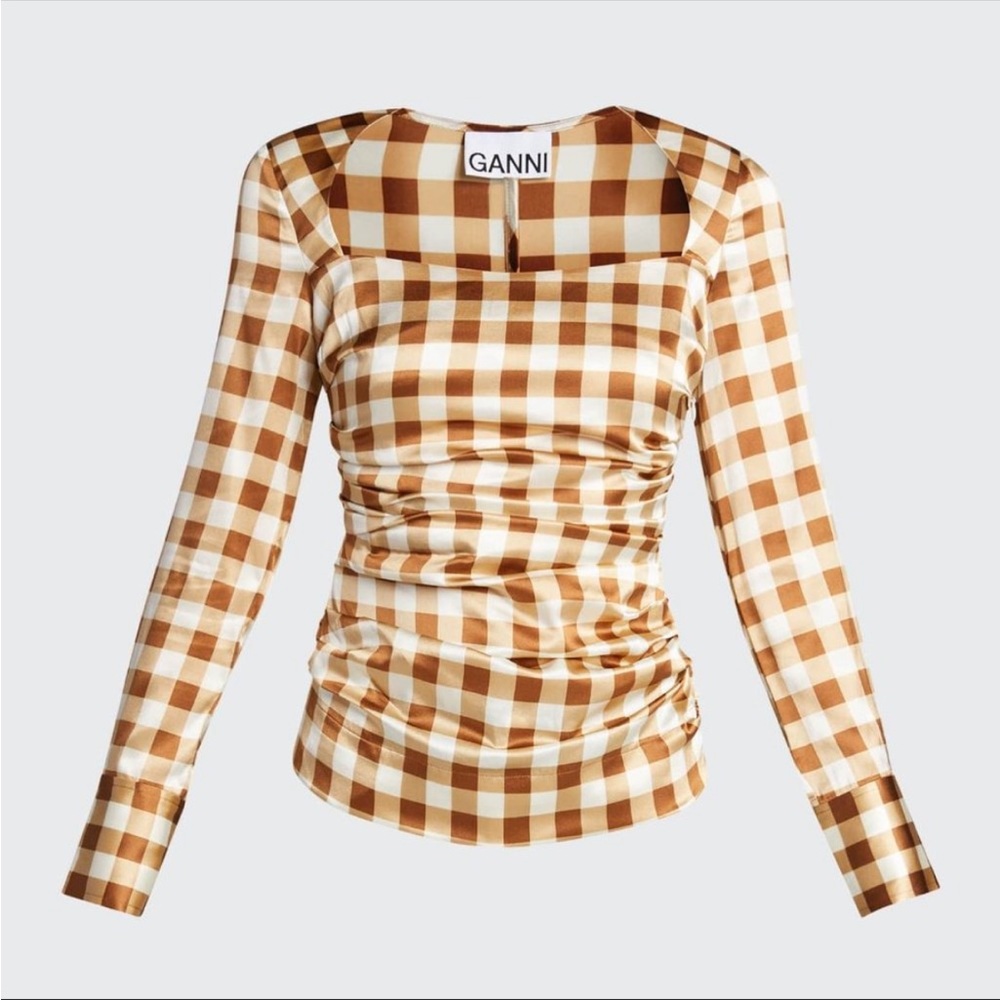 GANNI Silk Check Draped Blouse 10